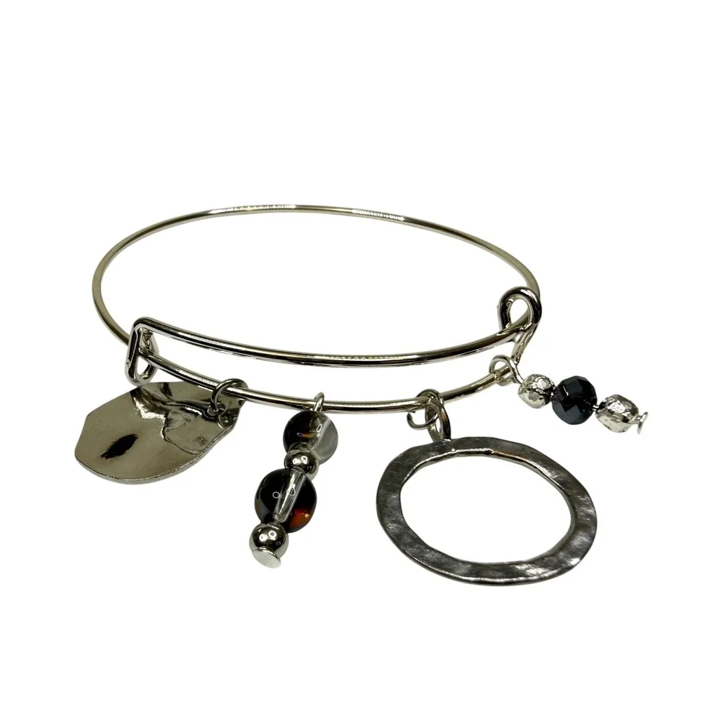 Expandable Silver Tone Bangle Bracelet with Black & Smoky Bead Charms